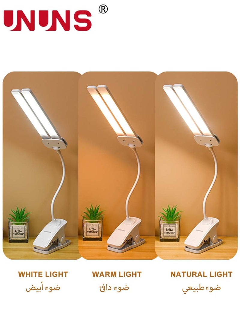UNUNS - 2-In-1 LED Desk Lamp,3 Color Modes,Stepless Dimmable Double Head Desk Lamps For Home Reading,USB Rechargeable,Light Laptop Lamp With Phone Holder Slot,LED Clip Table Lamp - Image 1