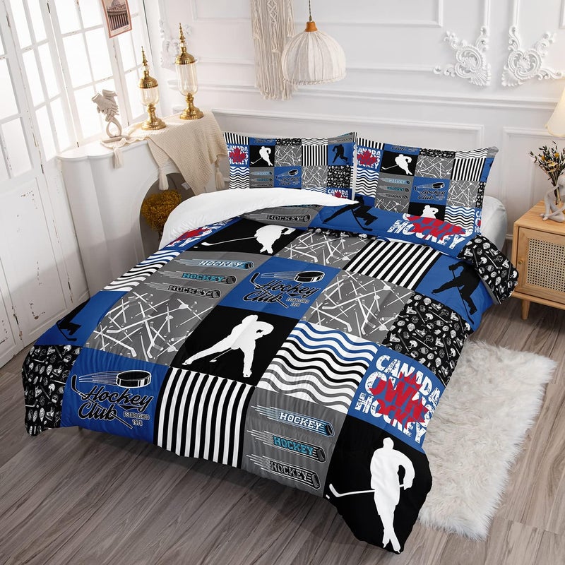 HOSIMA Ice Hockey Comforter Set for Boys Kids Teens Bedroom Decor, Soft Microfiber Sports Theme Blue and Gray Hockey Bedding with 2 Pillowcases,Hockey Player Bedding Comforters & Sets. - Image 4