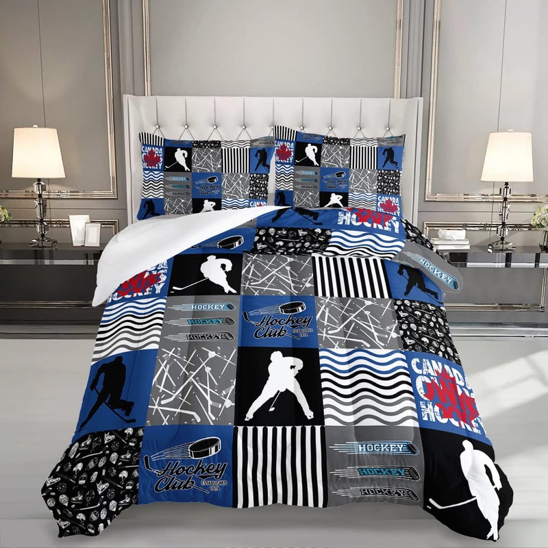HOSIMA Ice Hockey Comforter Set for Boys Kids Teens Bedroom Decor, Soft Microfiber Sports Theme Blue and Gray Hockey Bedding with 2 Pillowcases,Hockey Player Bedding Comforters & Sets. - Image 2