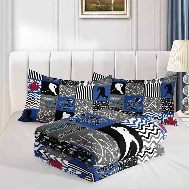 HOSIMA Ice Hockey Comforter Set for Boys Kids Teens Bedroom Decor, Soft Microfiber Sports Theme Blue and Gray Hockey Bedding with 2 Pillowcases,Hockey Player Bedding Comforters & Sets. - Image 3