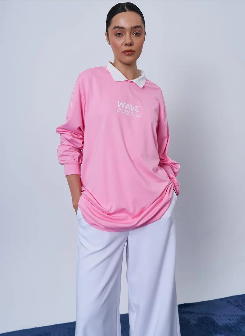 Kayra Polo Collar Printed Sweatshirt in Candy Pink