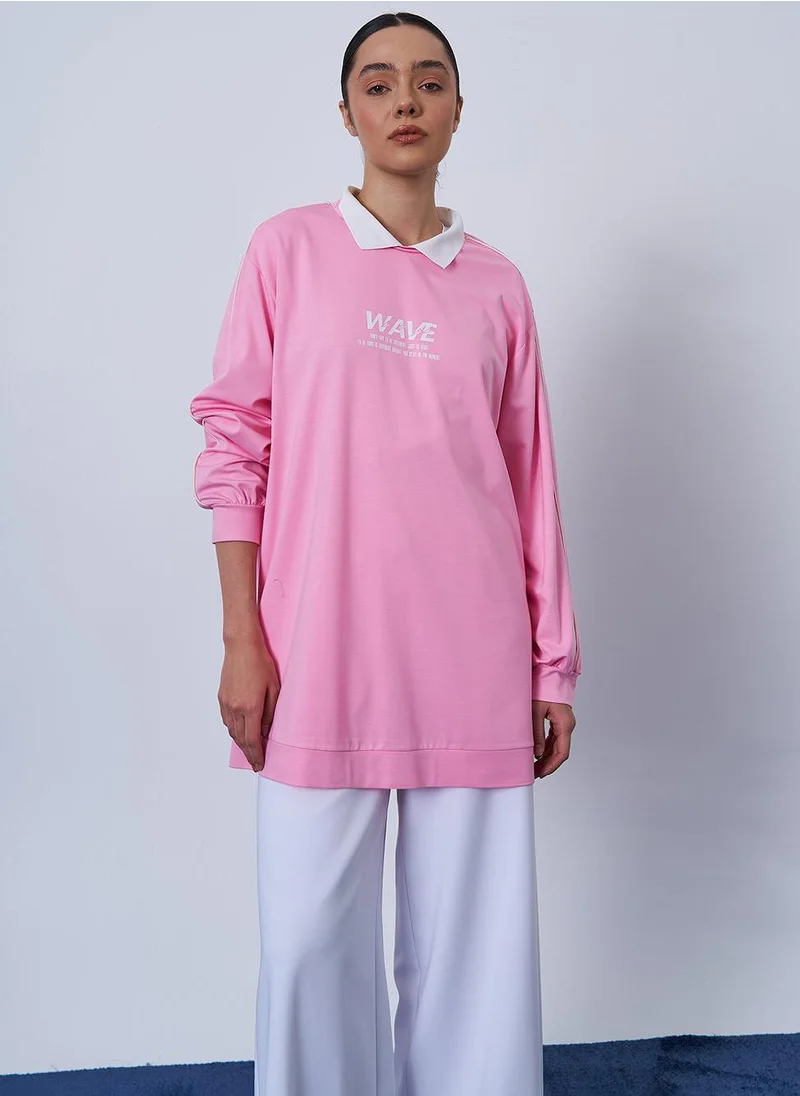 Kayra Polo Collar Printed Sweatshirt in Candy Pink