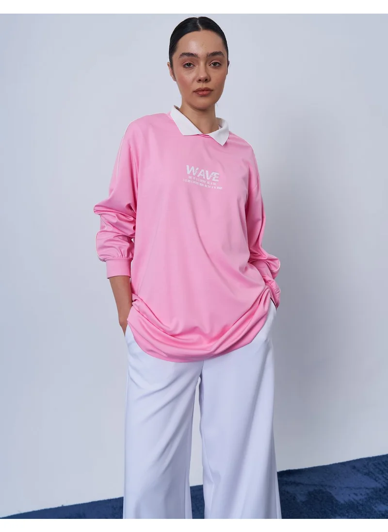 Kayra Polo Collar Printed Sweatshirt in Candy Pink