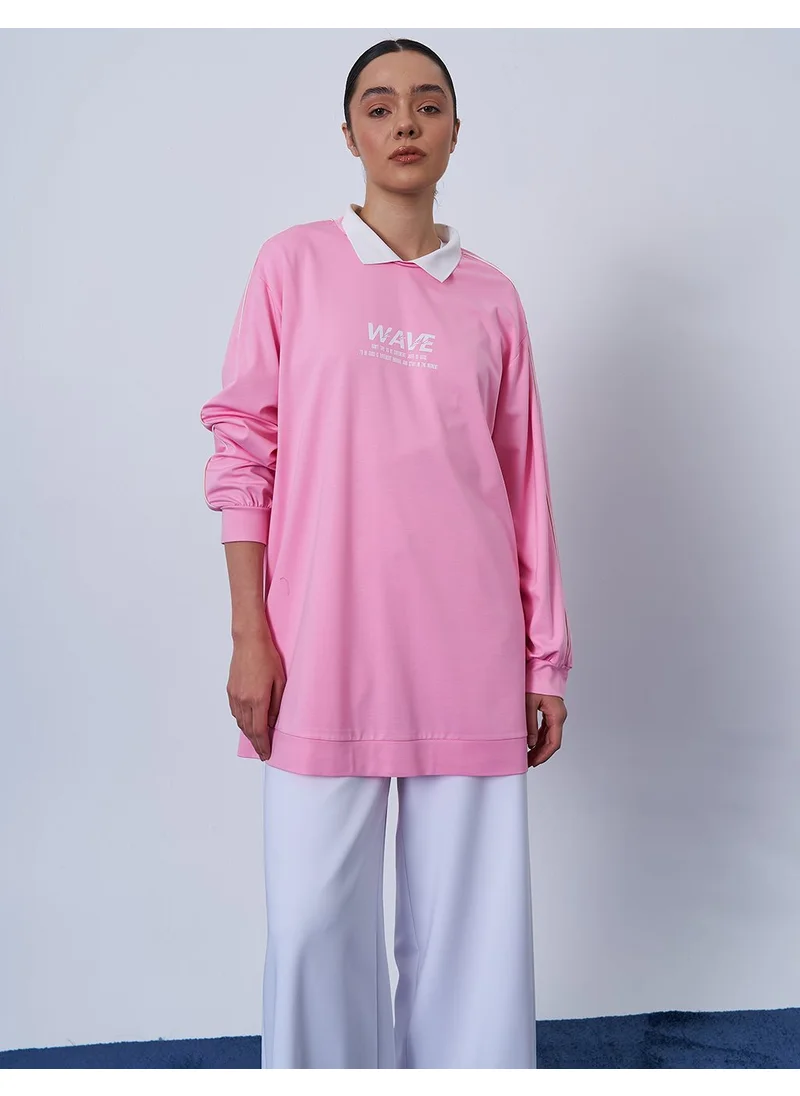 Kayra Polo Collar Printed Sweatshirt in Candy Pink