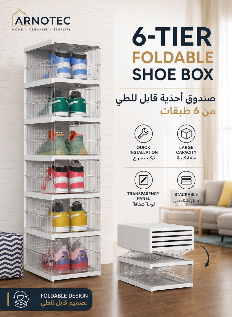 ARNOTEC Shoe Storage Organizer, Clear Installation-free Foldable Shoe Rack Stackable Shoe Box Pack, Portable Cabinet Rack (Transparent 6 Tier) - Image 1
