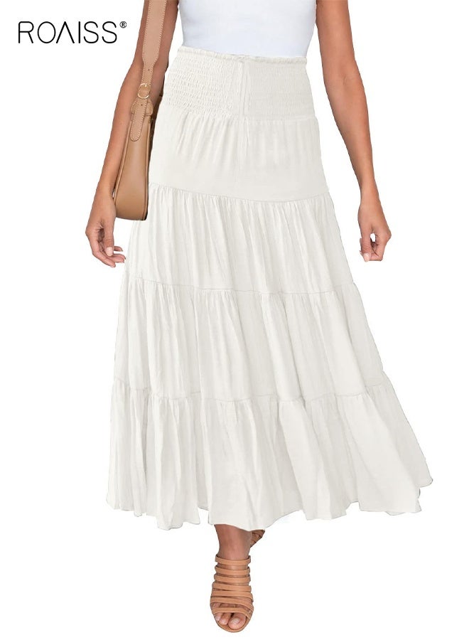 رويس تنورة ماكسي صيفية مرنة عالية الخصر للنساء من بوهو تنورة طويلة غير رسمية برباط على شكل حرف A، تنورة طويلة غير رسمية للشاطئ بلون أبيض للسيدات فستان ميدي بدون حمالات - Image 5