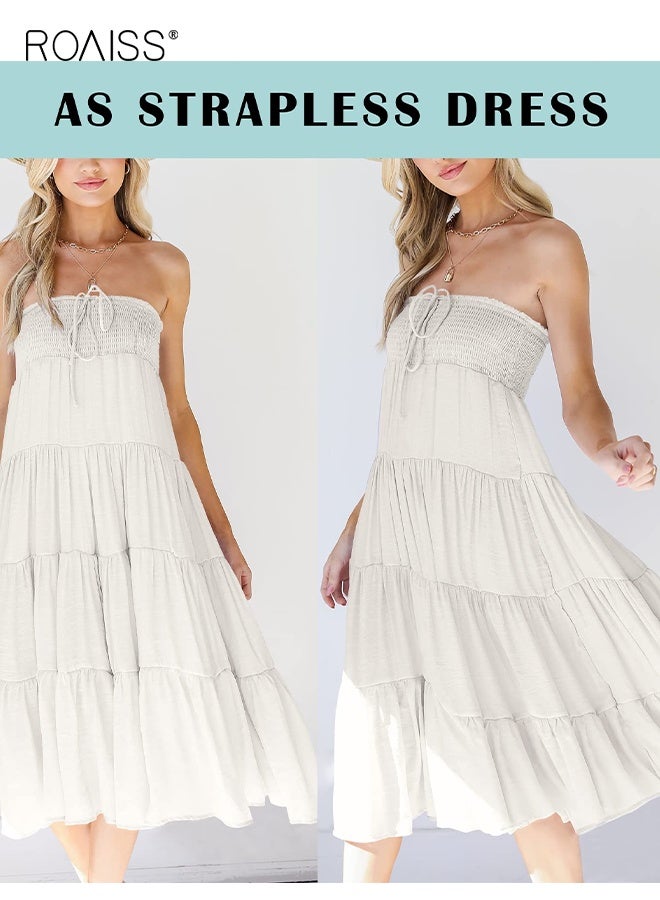 رويس تنورة ماكسي صيفية مرنة عالية الخصر للنساء من بوهو تنورة طويلة غير رسمية برباط على شكل حرف A، تنورة طويلة غير رسمية للشاطئ بلون أبيض للسيدات فستان ميدي بدون حمالات - Image 3