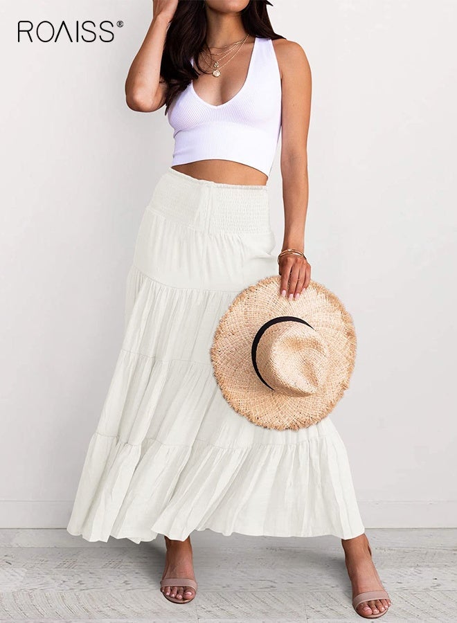 رويس تنورة ماكسي صيفية مرنة عالية الخصر للنساء من بوهو تنورة طويلة غير رسمية برباط على شكل حرف A، تنورة طويلة غير رسمية للشاطئ بلون أبيض للسيدات فستان ميدي بدون حمالات - Image 1