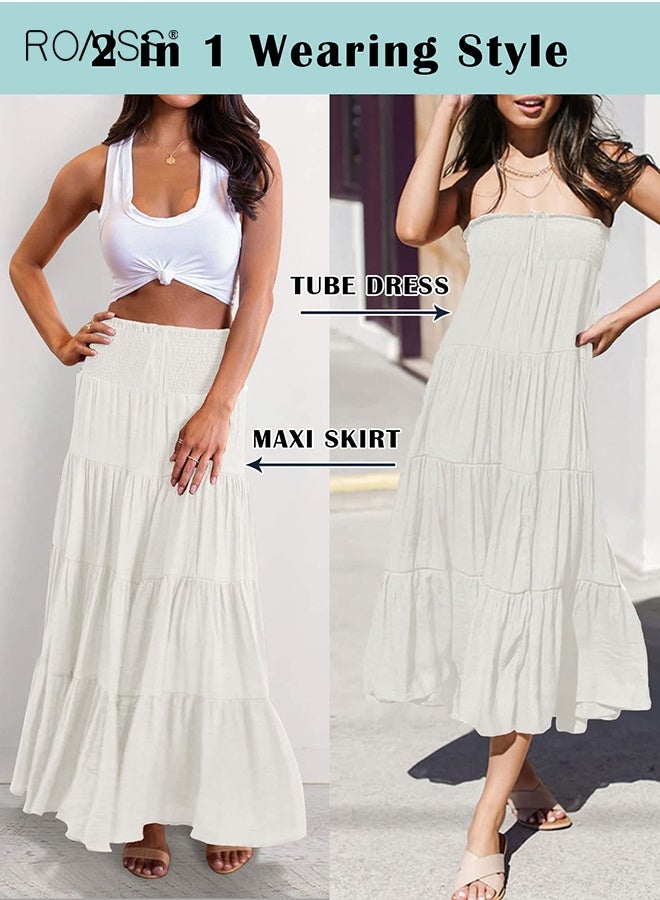 رويس تنورة ماكسي صيفية مرنة عالية الخصر للنساء من بوهو تنورة طويلة غير رسمية برباط على شكل حرف A، تنورة طويلة غير رسمية للشاطئ بلون أبيض للسيدات فستان ميدي بدون حمالات - Image 2
