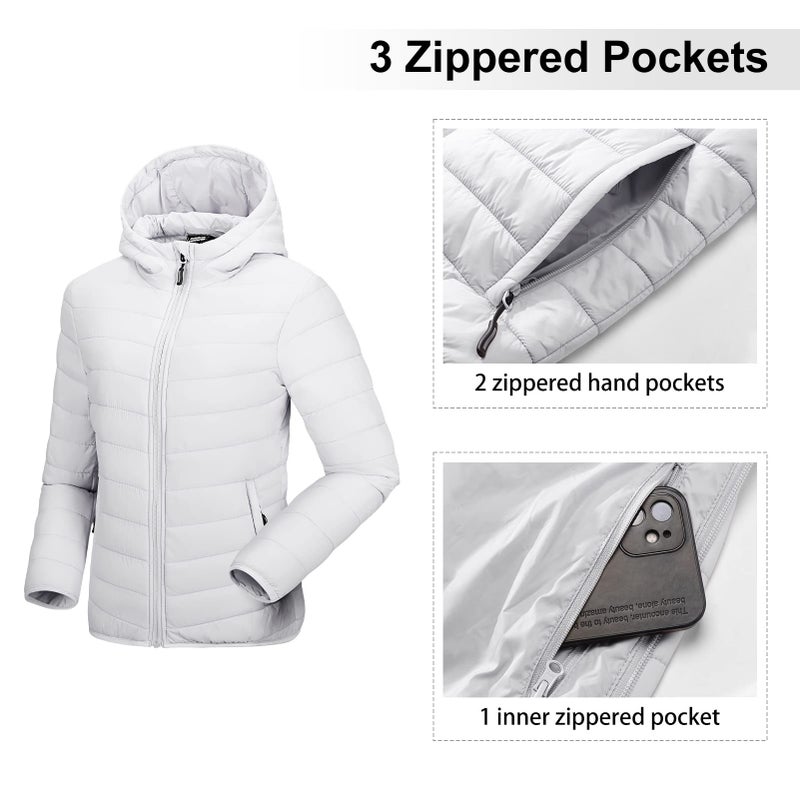 Outdoor Ventures Women's Packable Lightweight Full-Zip Puffer Jacket with Hood Quilted Winter Coat - Image 3