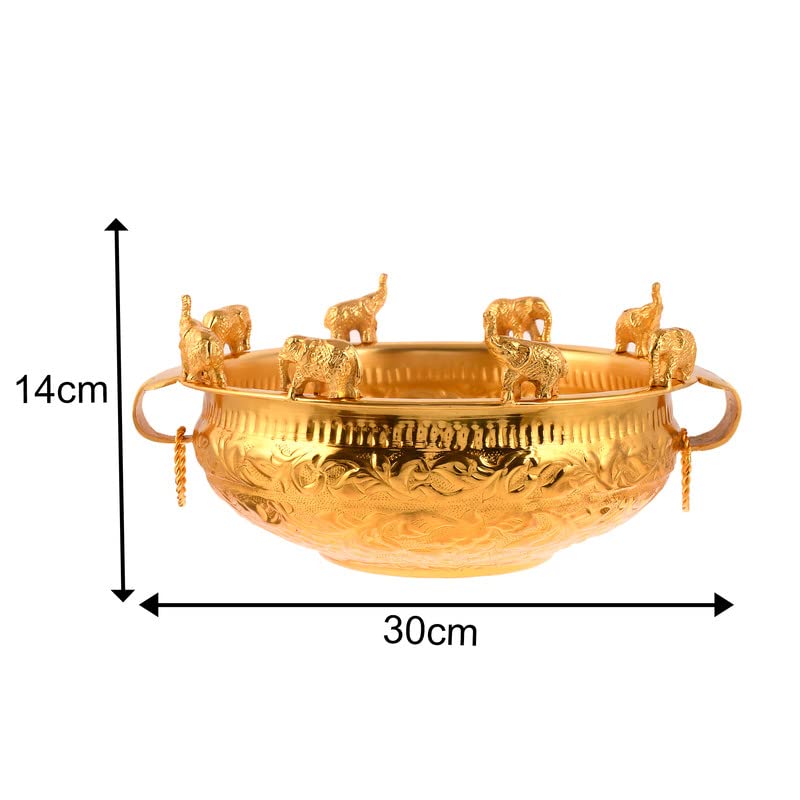 Piepot l Decorative Running Elephant Pure Brass Gold Plated Urli with Handle l 900 Gm.l Urli Bowl for Home Décor l Ideal for Gifting, Pooja and Decoration (8" Diameter & 4.5" Height) - Image 3