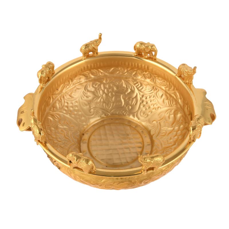 Piepot l Decorative Running Elephant Pure Brass Gold Plated Urli with Handle l 900 Gm.l Urli Bowl for Home Décor l Ideal for Gifting, Pooja and Decoration (8" Diameter & 4.5" Height) - Image 2