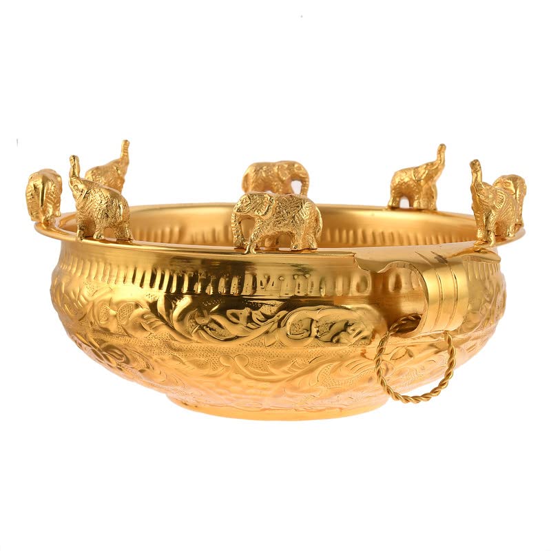 Piepot l Decorative Running Elephant Pure Brass Gold Plated Urli with Handle l 900 Gm.l Urli Bowl for Home Décor l Ideal for Gifting, Pooja and Decoration (8" Diameter & 4.5" Height) - Image 1