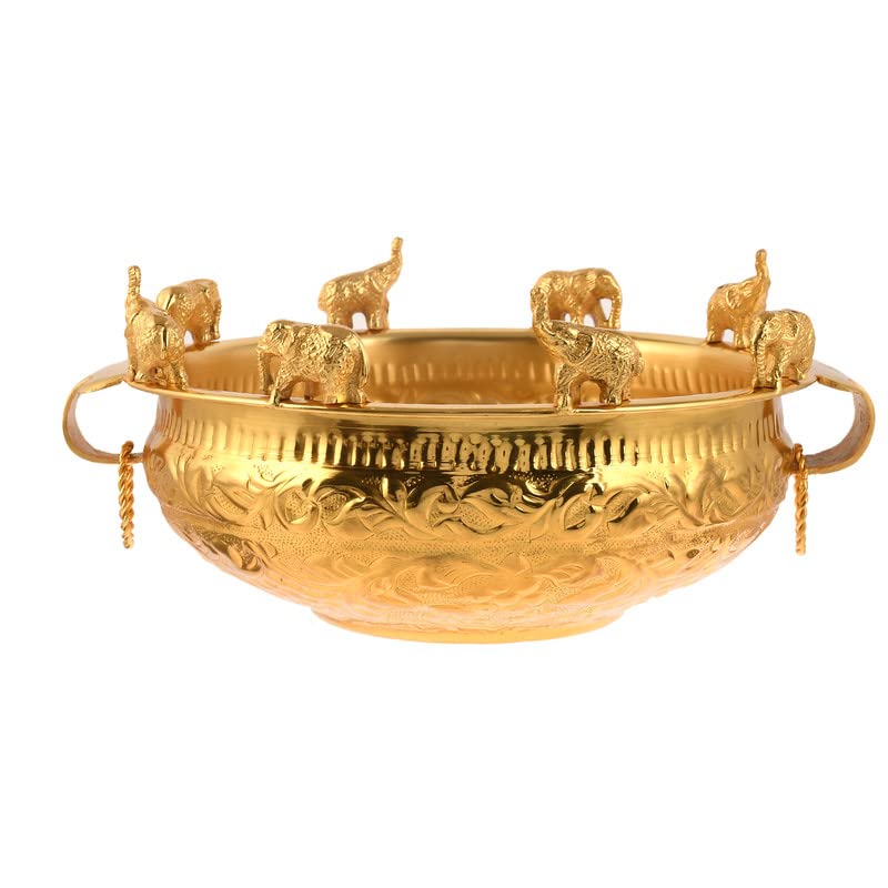 Piepot l Decorative Running Elephant Pure Brass Gold Plated Urli with Handle l 900 Gm.l Urli Bowl for Home Décor l Ideal for Gifting, Pooja and Decoration (8" Diameter & 4.5" Height) - Image 4
