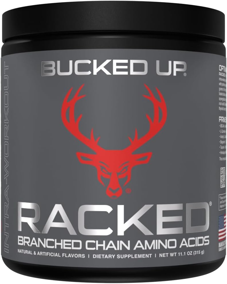 Bucked Up BCAA RACKED Branch Chained Amino Acids  LCarnitine Acetyl LCarnitine GBB  Post Workout Recovery Protein Synthesis Lean Muscle BCAAs That You Can Feel 30 Servings Blood Raz - Image 1