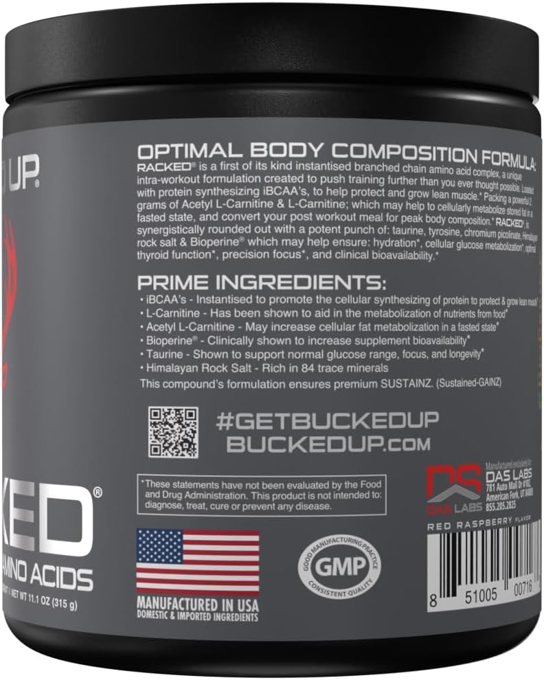 Bucked Up BCAA RACKED Branch Chained Amino Acids  LCarnitine Acetyl LCarnitine GBB  Post Workout Recovery Protein Synthesis Lean Muscle BCAAs That You Can Feel 30 Servings Blood Raz - Image 5