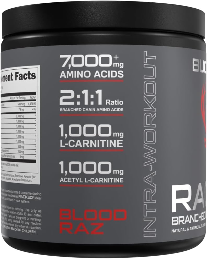 Bucked Up BCAA RACKED Branch Chained Amino Acids  LCarnitine Acetyl LCarnitine GBB  Post Workout Recovery Protein Synthesis Lean Muscle BCAAs That You Can Feel 30 Servings Blood Raz - Image 4