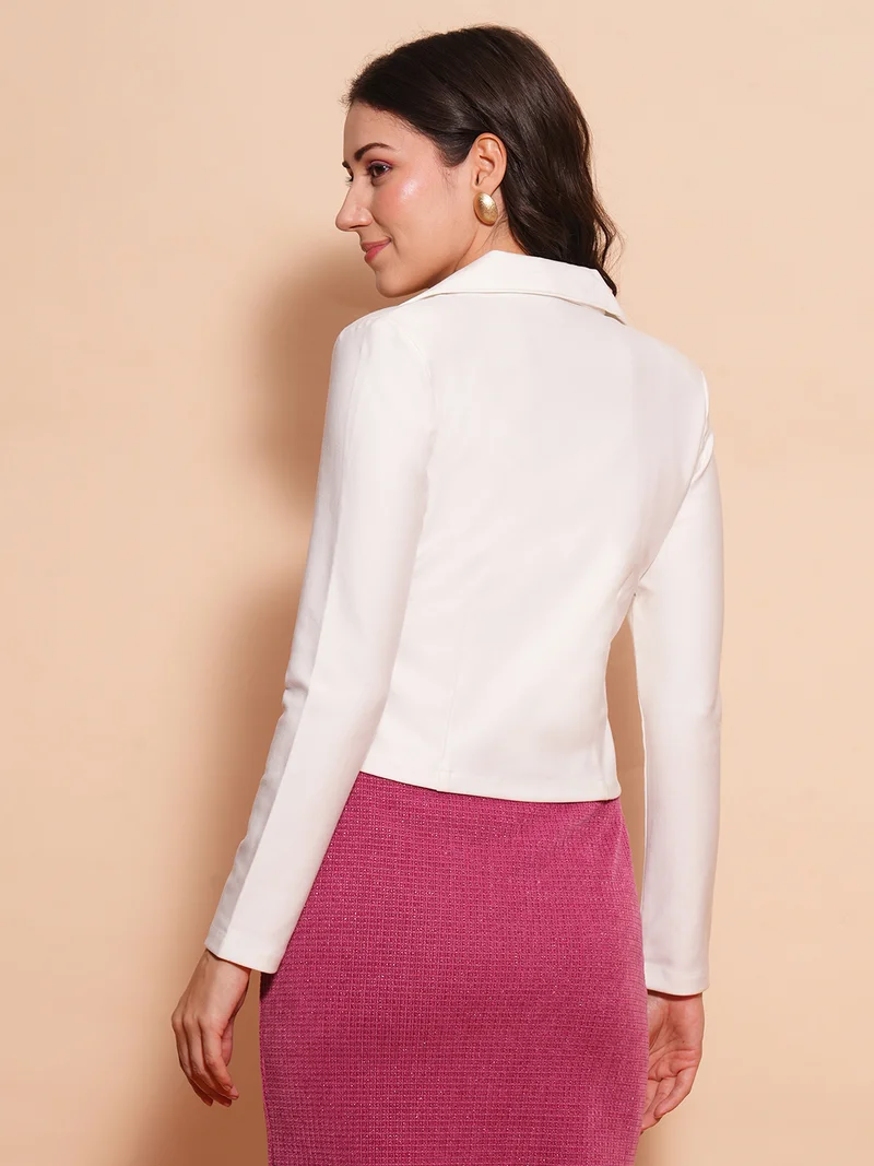 جلو باص Women Lapel Collared Long Sleeves Front Opening Crop Jacket Type Work Wear Blazer