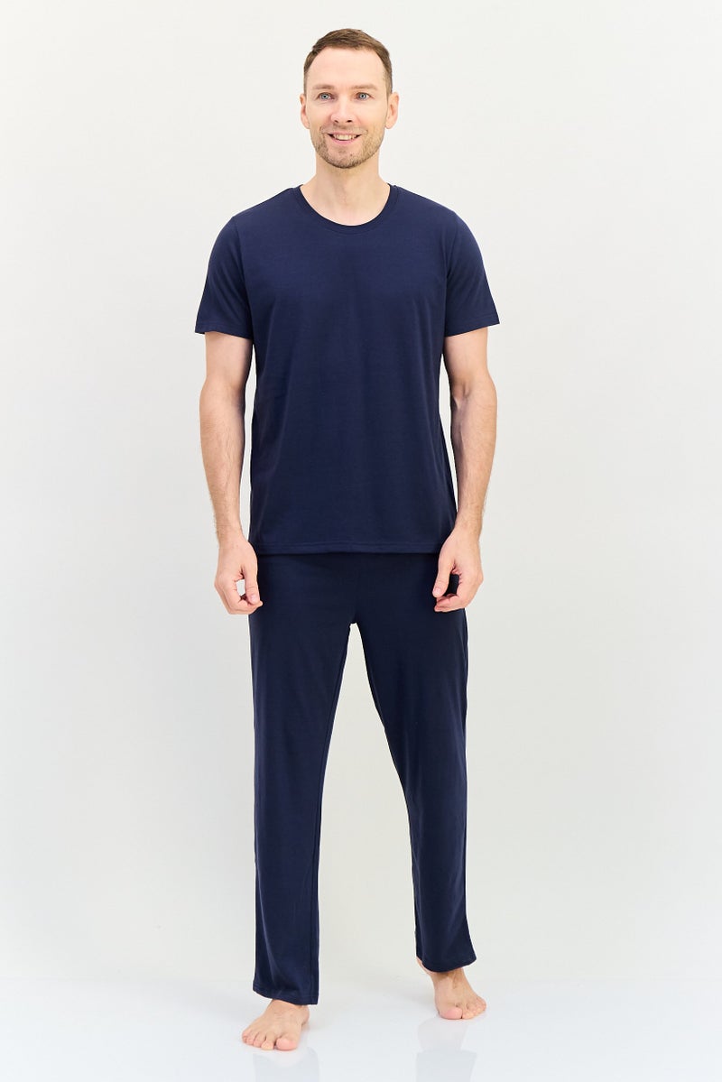 Algspar Men 2 Pieces Solid Top And Pants Pyjama Set, Navy - Image 1