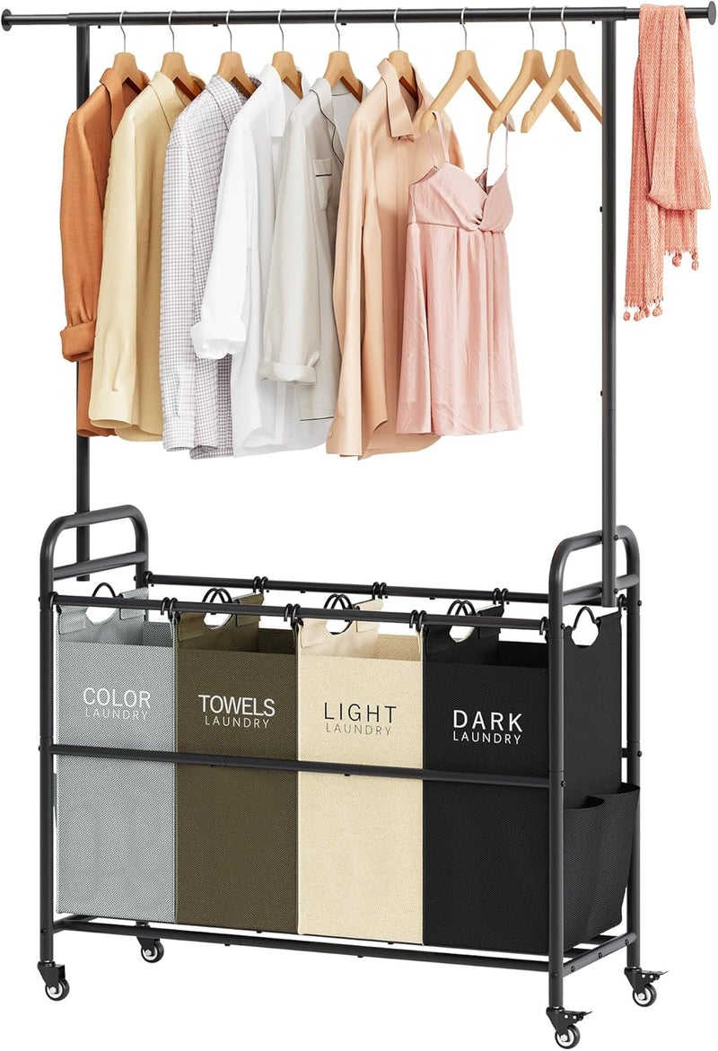 Tajsoon عربة تصنيف الملابس من مزودة برف لتعليق الملابس، 4 سلال تنظيم من نوع “Butler Sorter Basket Organizer”， عربة سلة الملابس مزودة بعجلات دوارة قوية وقابلة للقفل، 4 ألوان - Image 1