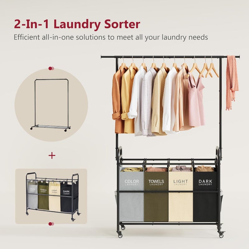 Tajsoon عربة تصنيف الملابس من مزودة برف لتعليق الملابس، 4 سلال تنظيم من نوع “Butler Sorter Basket Organizer”， عربة سلة الملابس مزودة بعجلات دوارة قوية وقابلة للقفل، 4 ألوان - Image 4