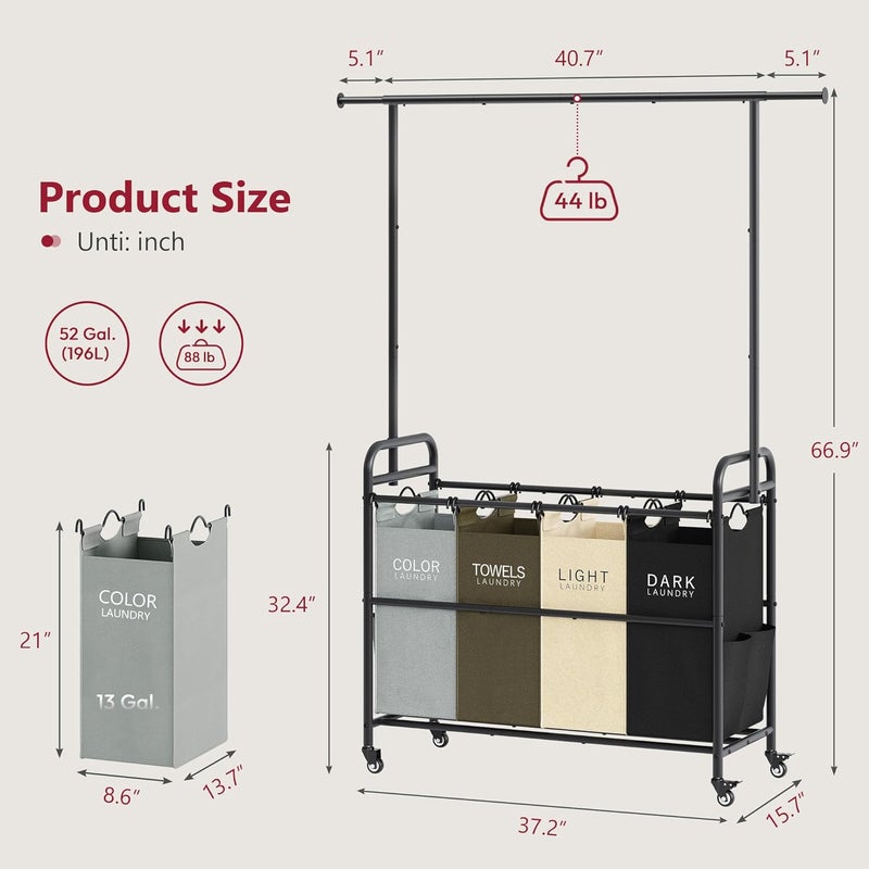 Tajsoon عربة تصنيف الملابس من مزودة برف لتعليق الملابس، 4 سلال تنظيم من نوع “Butler Sorter Basket Organizer”， عربة سلة الملابس مزودة بعجلات دوارة قوية وقابلة للقفل، 4 ألوان - Image 3