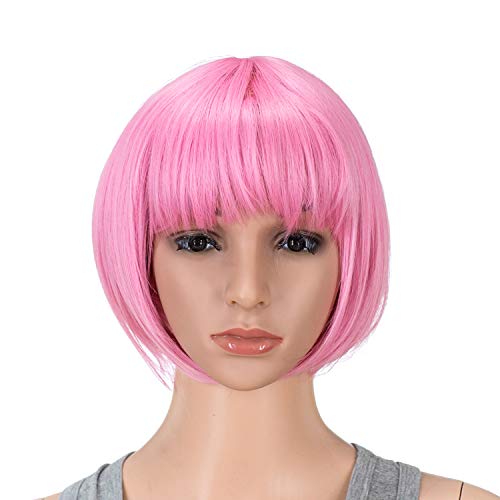 SWACC 10 Inch Short Straight Bob Wig with Bangs Synthetic Colorful Cosplay Daily Party Flapper Wig for Women with Wig Cap Pink