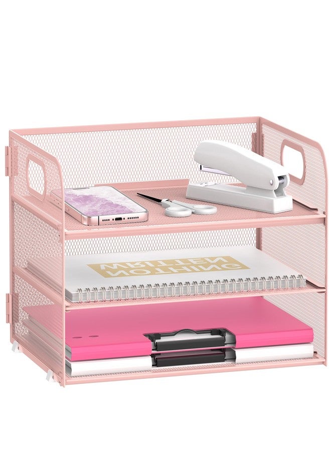Daltack 3-Tier Paper Organizer with Handle, Mesh Desk Organizer Letter Tray, Paper Tray Organizer File Organizer for A4 File Folder, Pink - Image 1