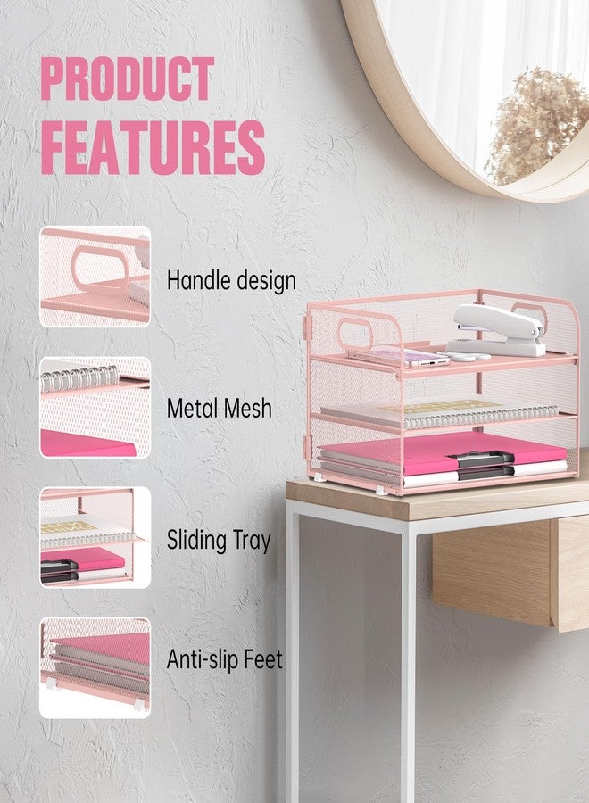 Daltack 3-Tier Paper Organizer with Handle, Mesh Desk Organizer Letter Tray, Paper Tray Organizer File Organizer for A4 File Folder, Pink - Image 4