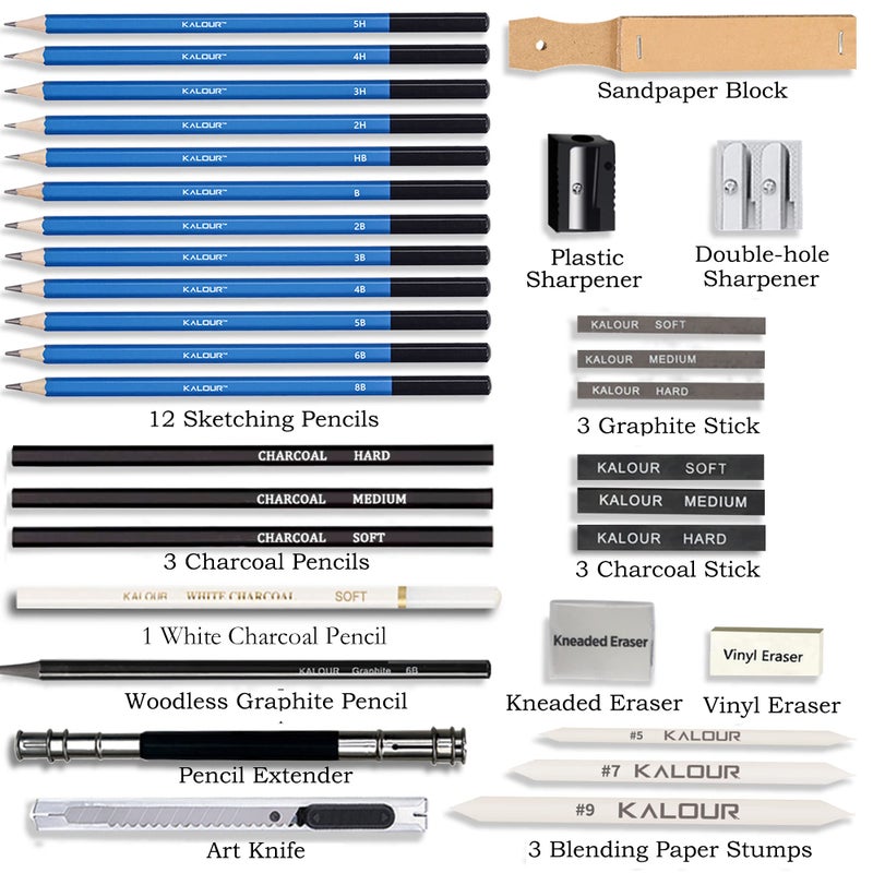 KALOUR 33 Pro Drawing Kit Sketching Pencils Set,Portable Zippered Travel Case-Charcoal Pencils, Sketch Pencils, Charcoal Stick,Sharpener,Eraser.Art Supplies for Artists Beginner Adults Teens - Image 2