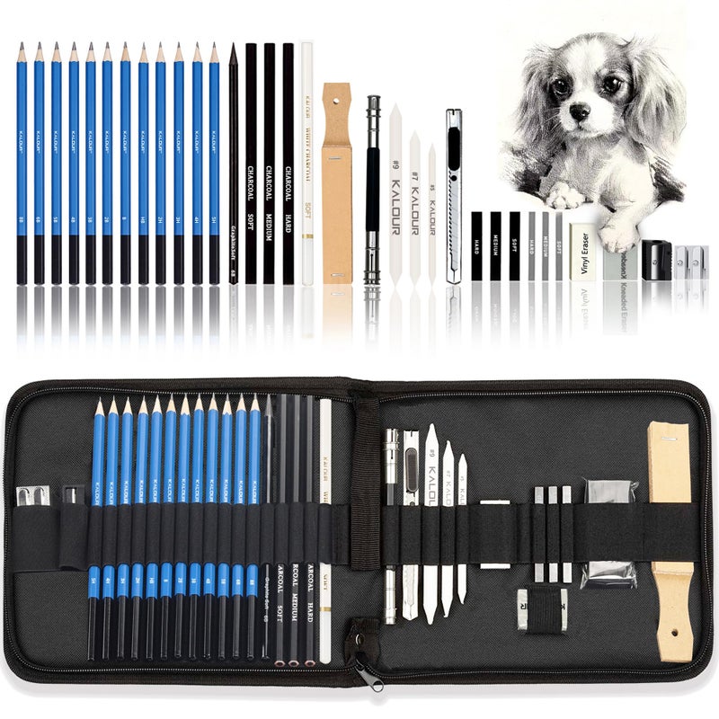 KALOUR 33 Pro Drawing Kit Sketching Pencils Set,Portable Zippered Travel Case-Charcoal Pencils, Sketch Pencils, Charcoal Stick,Sharpener,Eraser.Art Supplies for Artists Beginner Adults Teens - Image 1