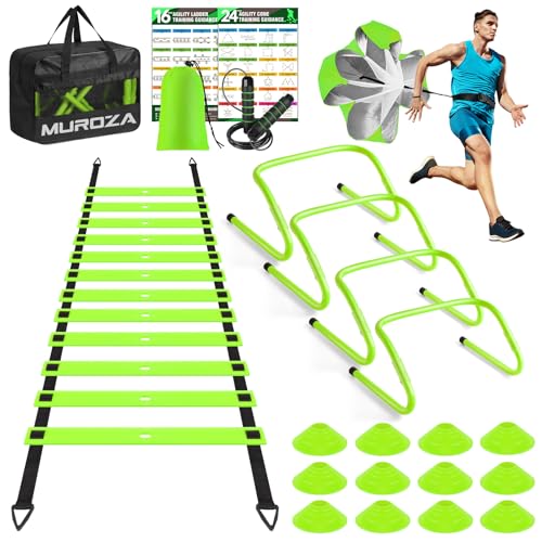MUROZA Agility Ladder Speed Training Equipment Set-20ft Agility Ladder,12 Soccer Cones,4 Hurdles, Jump Rope, Running Parachute, Basketball Football Soccer Training Equipment for Kids, Youth, Adults(green) - Image 1