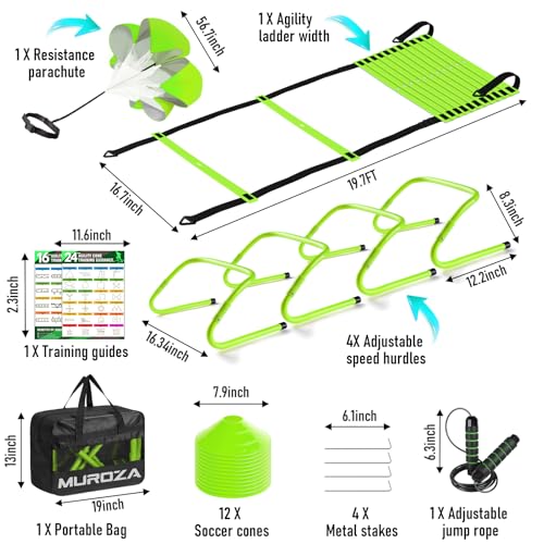 MUROZA Agility Ladder Speed Training Equipment Set-20ft Agility Ladder,12 Soccer Cones,4 Hurdles, Jump Rope, Running Parachute, Basketball Football Soccer Training Equipment for Kids, Youth, Adults(green) - Image 2