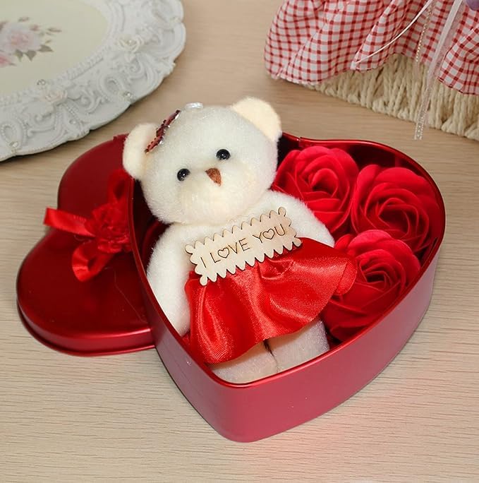 JMKCRAFTS Valentine Day Gift for Wife Husband Girlfriend Boyfriend Girls Boys Valentines Special Artificial Rose with Teddy Soft Toy Set Birthday Gifts in heartbox Girls Box Flower Medium - Image 1