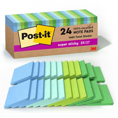 Post It Post-it 100% Recycled Paper Super Sticky Notes, 3 in. x 3 in., 24 Pads, 70 Sheets per Pad, Oasis Collection, School Supplies and Office Products - Image 1