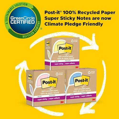 Post It Post-it 100% Recycled Paper Super Sticky Notes, 3 in. x 3 in., 24 Pads, 70 Sheets per Pad, Oasis Collection, School Supplies and Office Products - Image 4