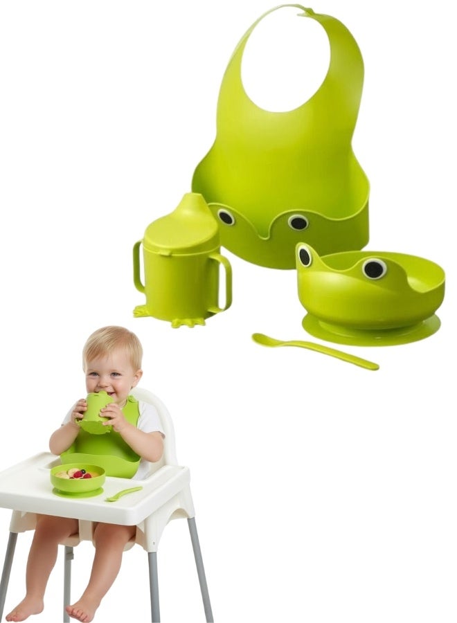 Ikea 4-piece bright green baby set - bib, cup with lid, spoon and bowl, ergonomic design for little hands, dishwasher safe, perfect for teaching baby to eat and drink independently - Image 1