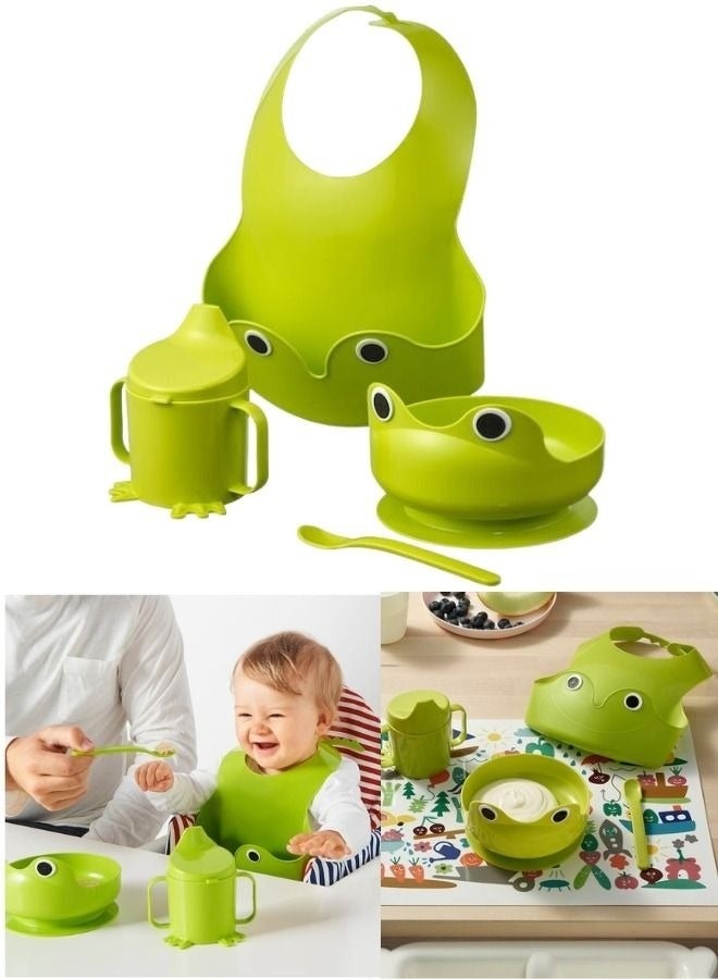 Ikea 4-piece bright green baby set - bib, cup with lid, spoon and bowl, ergonomic design for little hands, dishwasher safe, perfect for teaching baby to eat and drink independently - Image 3