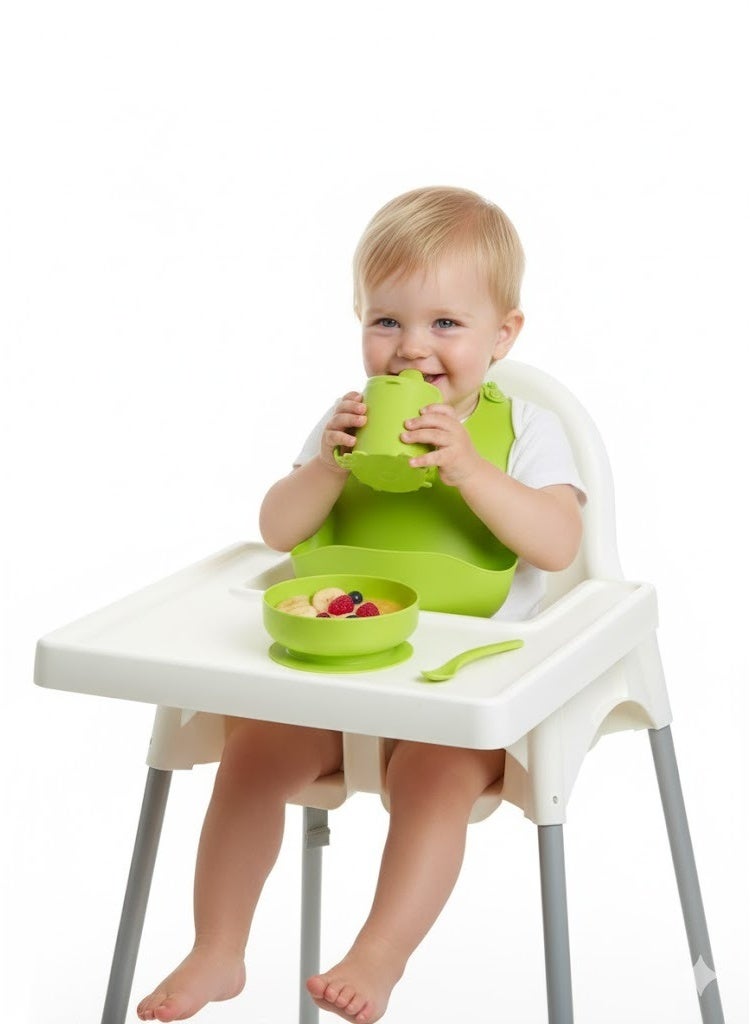 Ikea 4-piece bright green baby set - bib, cup with lid, spoon and bowl, ergonomic design for little hands, dishwasher safe, perfect for teaching baby to eat and drink independently - Image 2