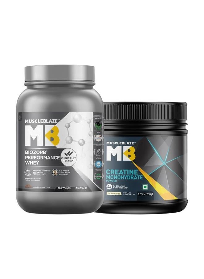مسل بلايز ماسلبليز بيوزورب بروتين مصل اللبن للأداء (بطعم الشوكولاتة الغنية، 2 رطل / 907 جم) مع كرياتين مونوهيدرات (غير منكّه، 0.55 رطل / 250 جم) - عبوة مزدوجة - Image 1