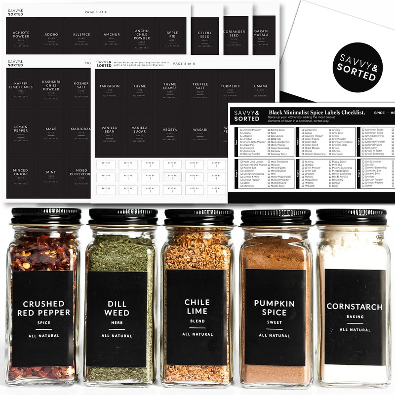 Savvy & Sorted Black Spice Labels for Jars 148 Preprinted Organizing Stickers Designed for Spices Storage Glass Bottles for Herbs Seasonings Kitchen Pantry Organization