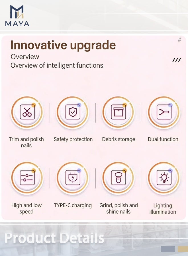 مايا مقص أظافر كهربائي مزود بإضاءة LED وشحن USB، أداة تشذيب أوتوماتيكية بثلاث سرعات لأصابع القدمين واليدين، آمن لكبار السن والأطفال، قابل لإعادة الشحن (الوحدة + كابل USB) - Image 2