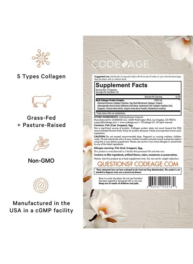 Codeage Multi Collagen Protein Capsules, Type I, II, III, V, X, Grass Fed & Hydrolyzed Collagen Pills Supplement, All in One Collagen, Bone Broth, Amla Berry Source of Vitamin C, Non-GMO, 90 Count  - Image 2