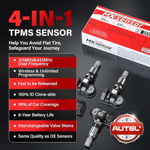 Autel TPMS Sensor Set of 4, 2in 1MX-Sensor 315MHz + 433MHz Dual Frequency, 100% Programmable Replace OEM Sensor, Work with Autel TPMS Tool TS408S TS501 TS508WF TS601 (Press-in, Metal Valve) - Image 2