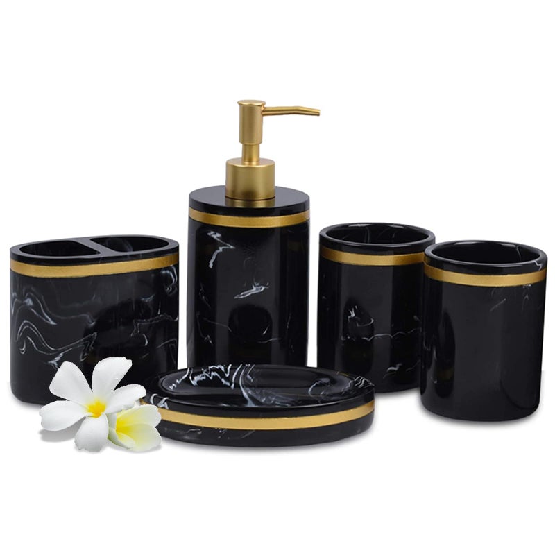 5Piece Bathroom Counter Top Accessory Set  Dispenser for Liquid Soap or Lotion Soap Dish 2 Tumblers and Toothbrush Holder Marble Pattern Resin Classic Black