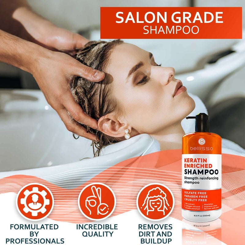 BELLISSO Keratin Enriched Shampoo - Sulfate and Paraben Free - Anti Frizz Treatment for Women and Men â€“ Professional Salon Grade Repair Formula with Silk Protein for Dry, Frizzy Damaged and Color Treated Hair - Image 4