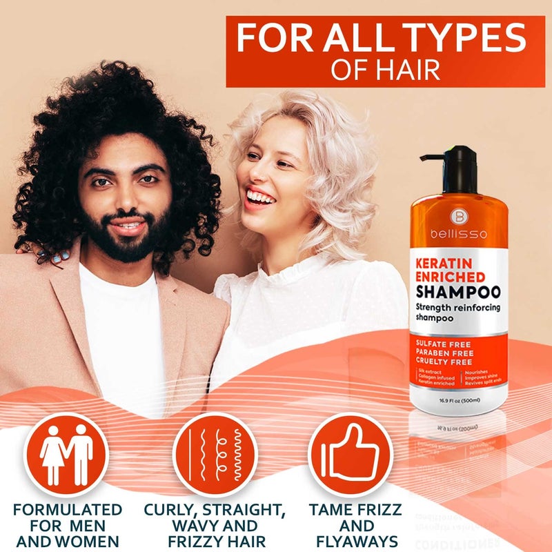 BELLISSO Keratin Enriched Shampoo - Sulfate and Paraben Free - Anti Frizz Treatment for Women and Men â€“ Professional Salon Grade Repair Formula with Silk Protein for Dry, Frizzy Damaged and Color Treated Hair - Image 5