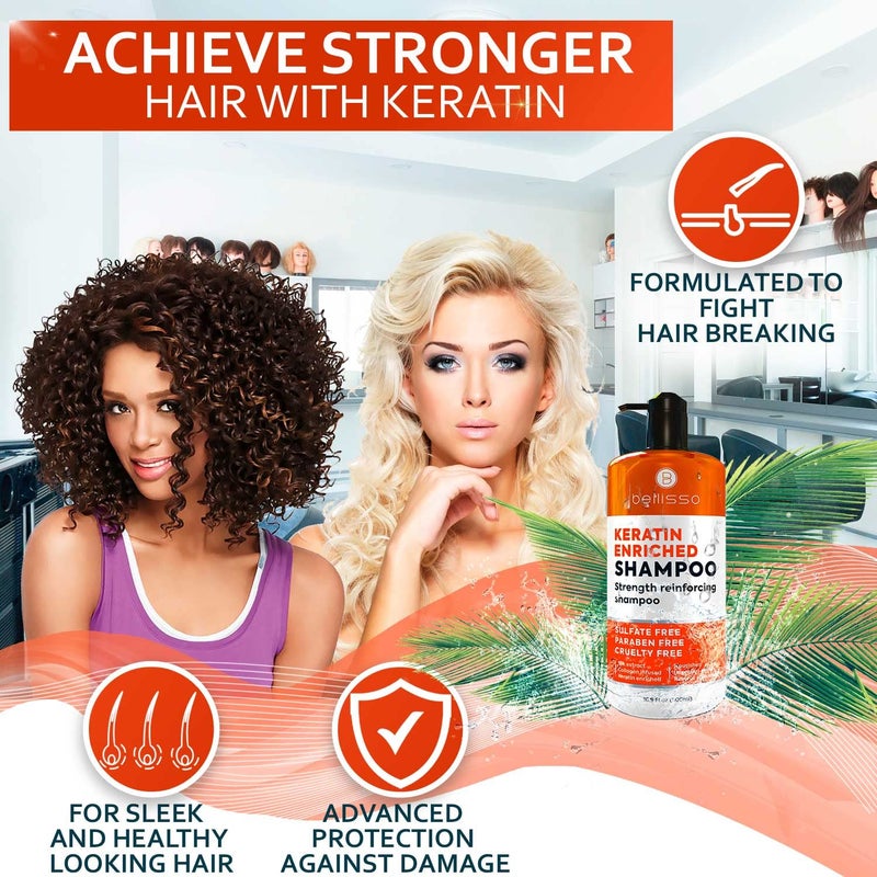 BELLISSO Keratin Enriched Shampoo - Sulfate and Paraben Free - Anti Frizz Treatment for Women and Men â€“ Professional Salon Grade Repair Formula with Silk Protein for Dry, Frizzy Damaged and Color Treated Hair - Image 1