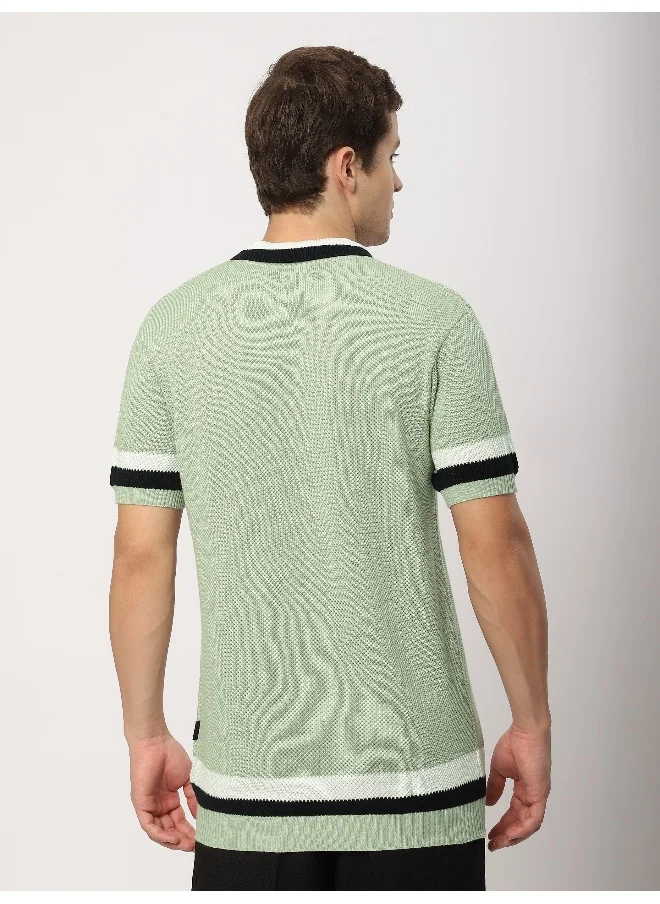 بيونغ Seafoam Green Contrast Striped Collar Flat Knit Polo T-Shirt for Men