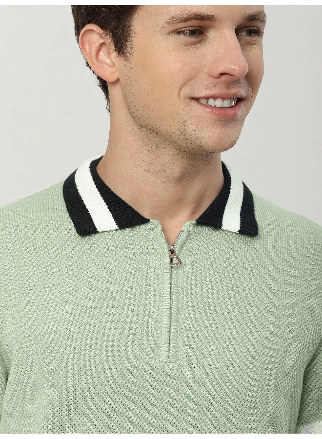 Beyoung Seafoam Green Contrast Striped Collar Flat Knit Polo T-Shirt for Men
